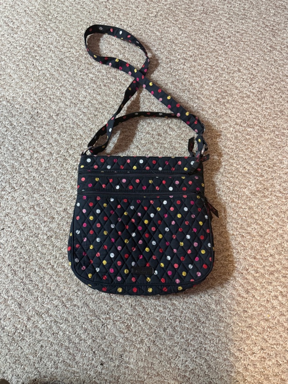 Vera Bradley Black Quilted Crossbody with Pink, Yellow & White Dots